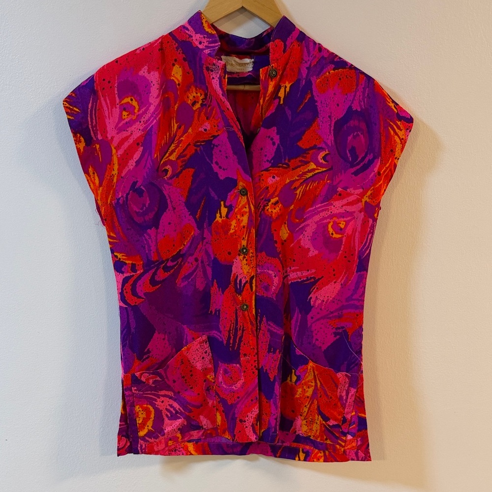 EUC - Vintage Vibrant Pink & Purple Printed Cap-Sleeve Blouse - M/L